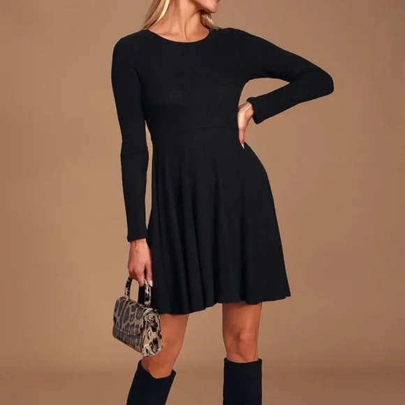 Black Ribbed Knit Long Sleeve Skater Dress | Womens | Small | Lulus